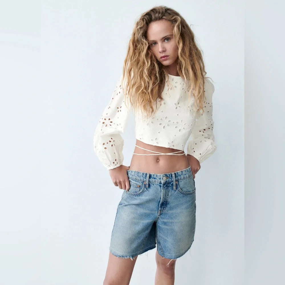 ZARA White Strappy Lace Up Back Embroidered Eyelet Puff Sleeve Top Blouse